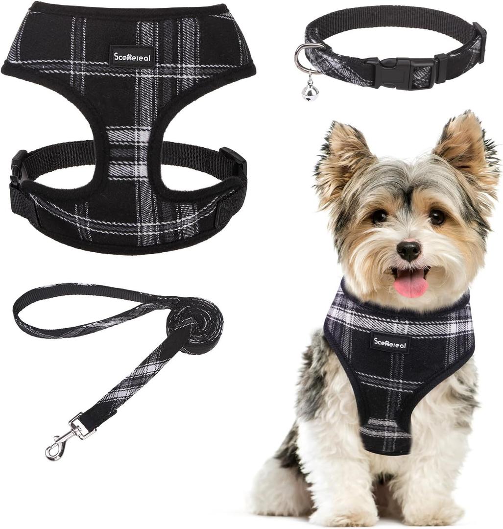 SCENEREAL No Pull Dog Harness Collar and Leash Set Small Medium Sized Dog, Soft Mesh Step in Puppy Harnesses, No Chock Plaid Adjustible Pet Vest for Outdoor Walking Training and Running, Black XS (XS: Chest Girth: 10"-14")