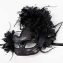 Masquerade Mask, Feather Flower Decorated, Venetian Style Costume Party Mask Props (Heart Black)