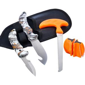 KNINE OUTDOORS 4-piece Hunting Knife and Saw Combo Set, Gut-hook Skinner, Fixed Blade Caping Knife, Nylon Belt Sheath