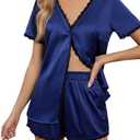 Blooming Jelly Women's Satin Pajama Set 2 Piece Lounge Pjs Shorts Set Summer Button Down Sleepwear Cozy Loungewear, Size: L