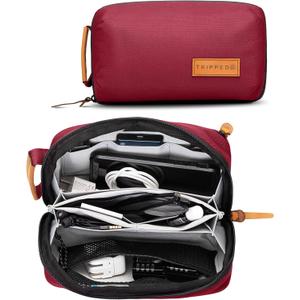Tech Bag Organizer - Small Electronics Organizer Pouch for Travel - Premium Travel Case with Leather Accents - Mesh Pocket for Cables, Cords and Chargers (Red)
