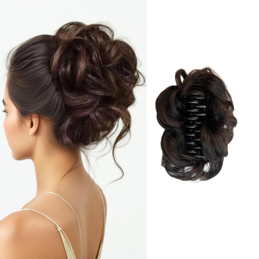 Curly Wavy Messy Bun Hair piece Easy Updo Extensions Claw Clips for Women Girls Dark Brown, Natural Fake Wig Tie Headpiece Chestnut Chocolate 