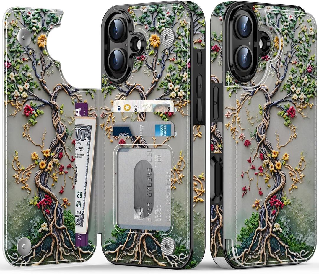 FUNMIKO for iPhone 16 Wallet Case with Card Holder + Cash Clip, RFID-Blocking, Military-Grade Drop Protection & UV-Printed Artwork, Magnetic Closure with Leather Kickstand - Blooming Tree of Life