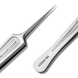 MR.GREEN Ingrown Hair Tweezers Needle Nose Pointed Tips Tweezers For Eyebrows Splinters Blackhead Removal Acne Clip Extractor (Long)