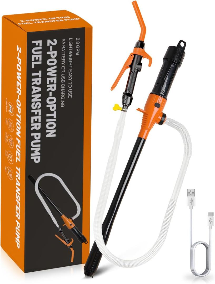 FUELIO USB Electric Fuel Transfer Pump Battery Powered & Plug-In Power Supply, Portabel Gas Gasoline Transfer Pump For 5 Gallon Gas Can-Orange