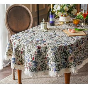 SUTAVIA French Floral Tablecloth Hand-Made Cotton Fabric with Lace Vintage Berry Garden Pattern Tabletop Sofa Cover Blanket for Home Holiday Party Decor (Red Floral, Oval, 60"x102"