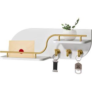 Key Holder for Wall, Decorative Key and Mail Organizer with 3 Metal Hooks and 2 Shelves, Wood Wall Mounted Key Rack for Entryway, White