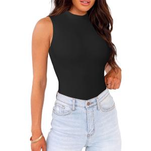 WAYMAKER Mock Neck Bodysuits for Women Sleeveless Basic Tank Top Body Suit Shirts (Medium, Black)