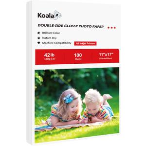 Koala Brochure Paper Double Side Glossy for Printing Photo 11X17 Inches 100 Sheets Compatible with Inkjet Printer 42LB