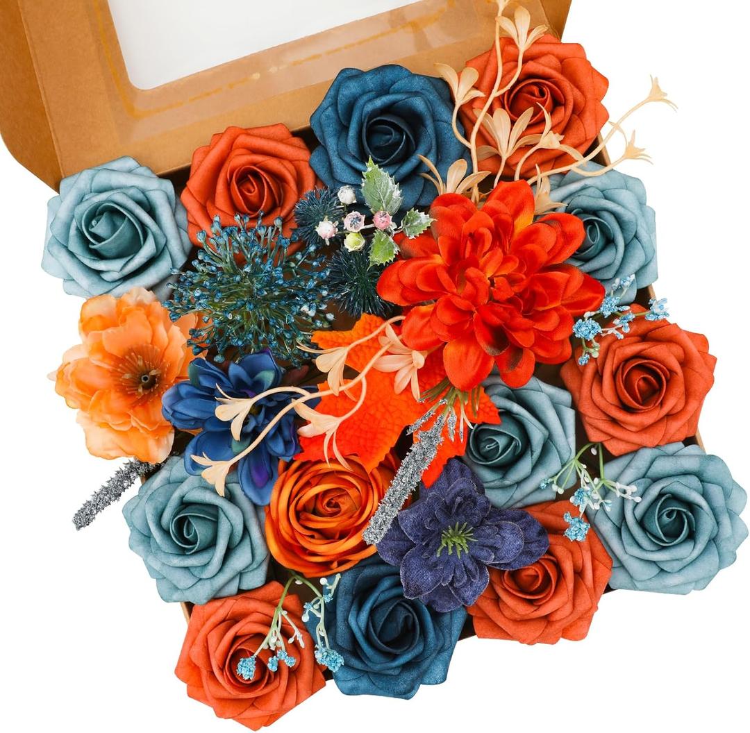Floweroyal Artificial Flowers Combo Orange Flowers Mix Silk Flowers Dahlia Roses with Stems for DIY Wedding Bridal Bouquets, Baby Shower, Floral Arrangement, Table Centerpieces, Home Decorations. (Autumn Orange & Blue)