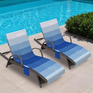 AELS Lounge Chair Towel Cover, Pack of 2 - Microfiber Beach Towels with Pockets, Fits Outdoor Garden Beach Hotel Pool Chairs, Non-Slip & Portable Design, 85" X 30", Ombre Blue Stripes