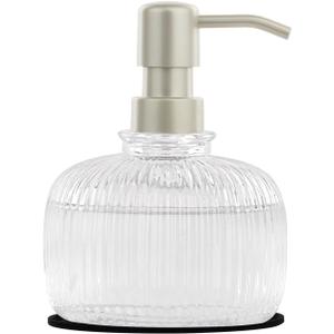 12 OZ Soap Dispensers with Silicone Mat, for Kitchen and Bathroom Contertop Wash Hand Liquid, Dish Detergent, Farmhouse Style Shampoo Lotion Pump (1, Clear Glass with Champagne, 4" x 4" x 5-1/2")