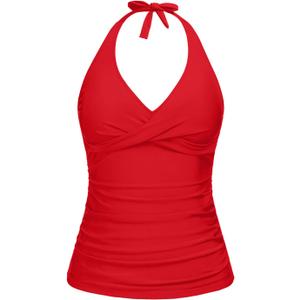 Tempt Me Womens Tankini Top Halter Tummy Control Swim Tops Only Twist Front V Neck Bathing Suit No Bottom (Large, Red)