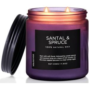 M&SENSE Santal Spruce Christmas Scented Candle, 11.6oz 70 Hours Burn Non Toxic Natural Soy Wax, 2 Cotton Wick Candle for Winter Holiday Housewarming Gifts for Family Friends Teachers