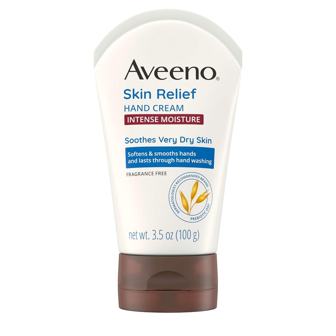 Aveeno Skin Relief Intense Moisture Hand Cream with Soothing Prebiotic Oat for Dry and Sensitive Skin Cream Softens & Smooths Hands & Lasts Through Hand Washing, Fragrance-Free, 3.5 oz