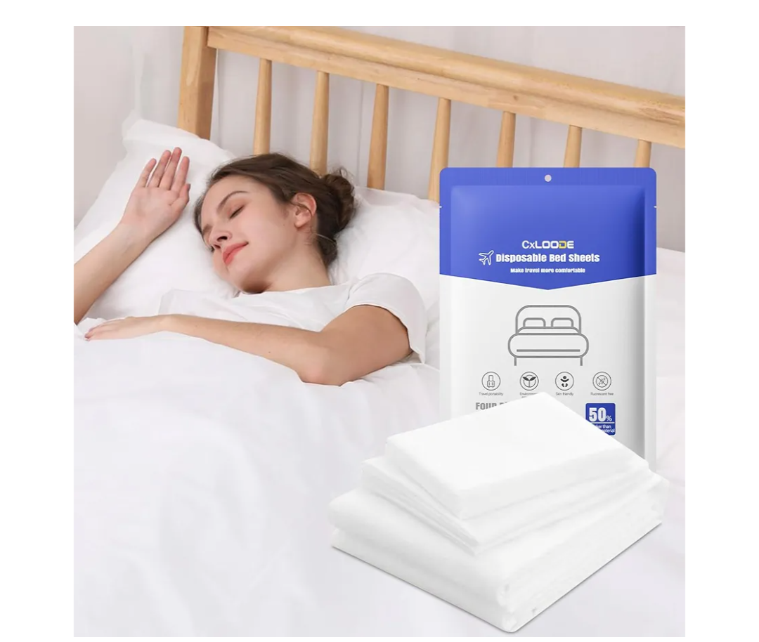 4 PCS Disposable Bed Sheet Queen Size, Travel Sheet for Hotel, Disposable Sheet for Travel Bedding Cover Portable Sheet with 1 Quilt Cover, 1 Sheet and 2 Pillowcase for Travel Business Trip Spa Hotel