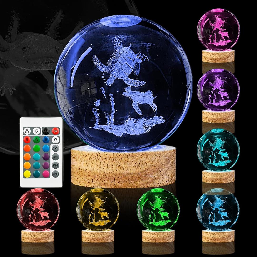 3D Crystal Ball Night Light - 3.15 inch Glass Ball with 16 Color Changing Wooden Base and Remote Control - Turtle Figurines Gift for Friends, Kids, Christmas, Birthday, Decor