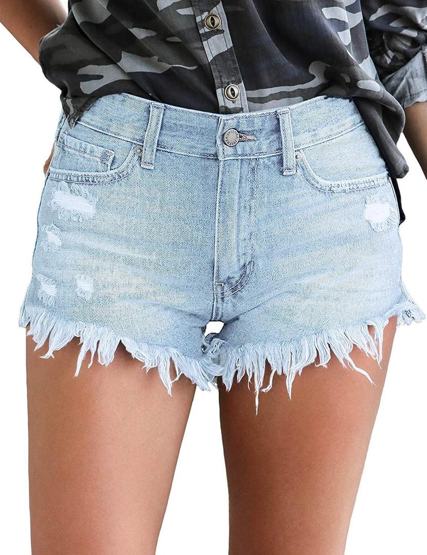 luvamia Women Casual High Waisted Denim Shorts Frayed Raw Hem Ripped Jeans Shorts (S)
