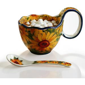 Sunflower Pattern Ceramic Soup Bowls with Handles - Decorative Soup Bowl Set for Breakfast Cereal/Yogurt (Including Spoon)