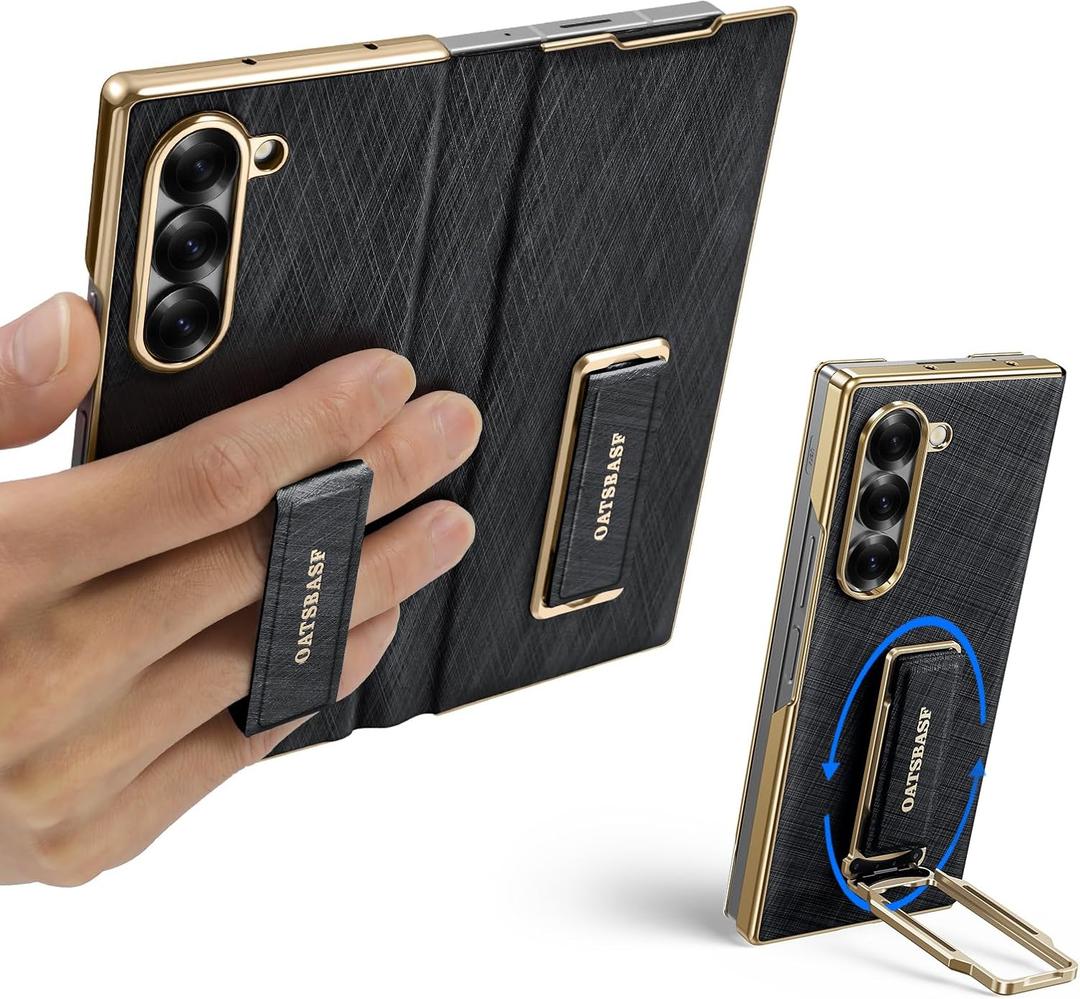 OATSBASF for Samsung Galaxy Z Fold 6 Phone Case, with Kickstand 360 Rotatable Stand & Magnetic Wristband Stand, Secure Grip, Shockproof Protective Flip Shell Cover (Black)