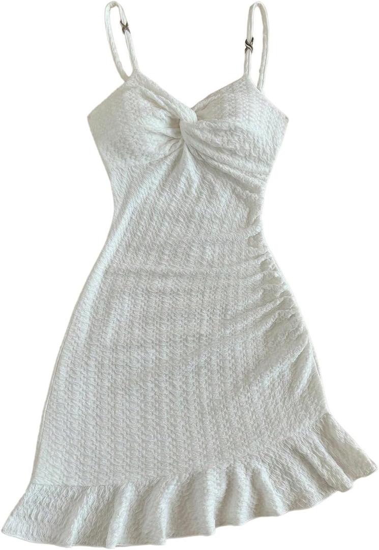 Floerns Women's Summer Tropical Twist Front Ruched Ruffle Hem Bodycon Cami Dress (X-Large, White)