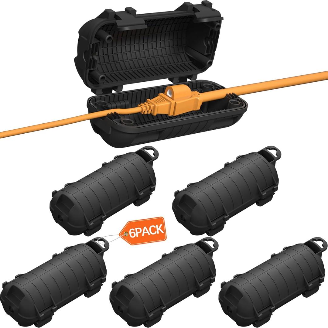 Extension Cord Cover Outdoor, 6 Pack IP54 Water-Resistant Power Cord Protector Electrical Connection Box Outside Cable Safety Cover for Electronics Plug Outlet Tool Holiday Light, Black