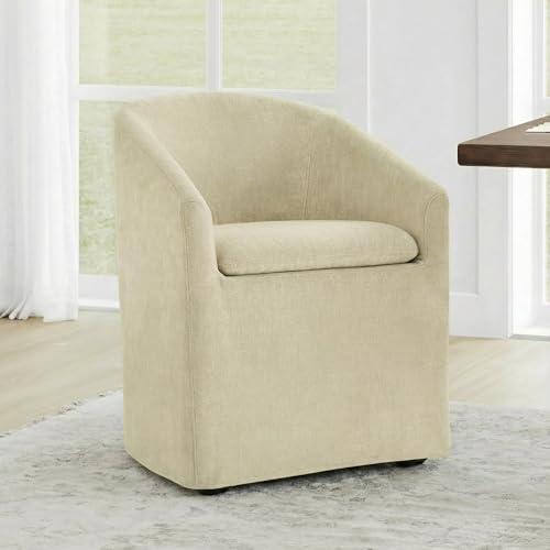 KISLOT Upholstered Dining Chairs Set of 1 with Casters, Modern Side Barrel Armchair with Washable Slipcover & Sturdy Metal Frame for Diningroom Bedroom Livingroom Reading Room, Sand Fabric