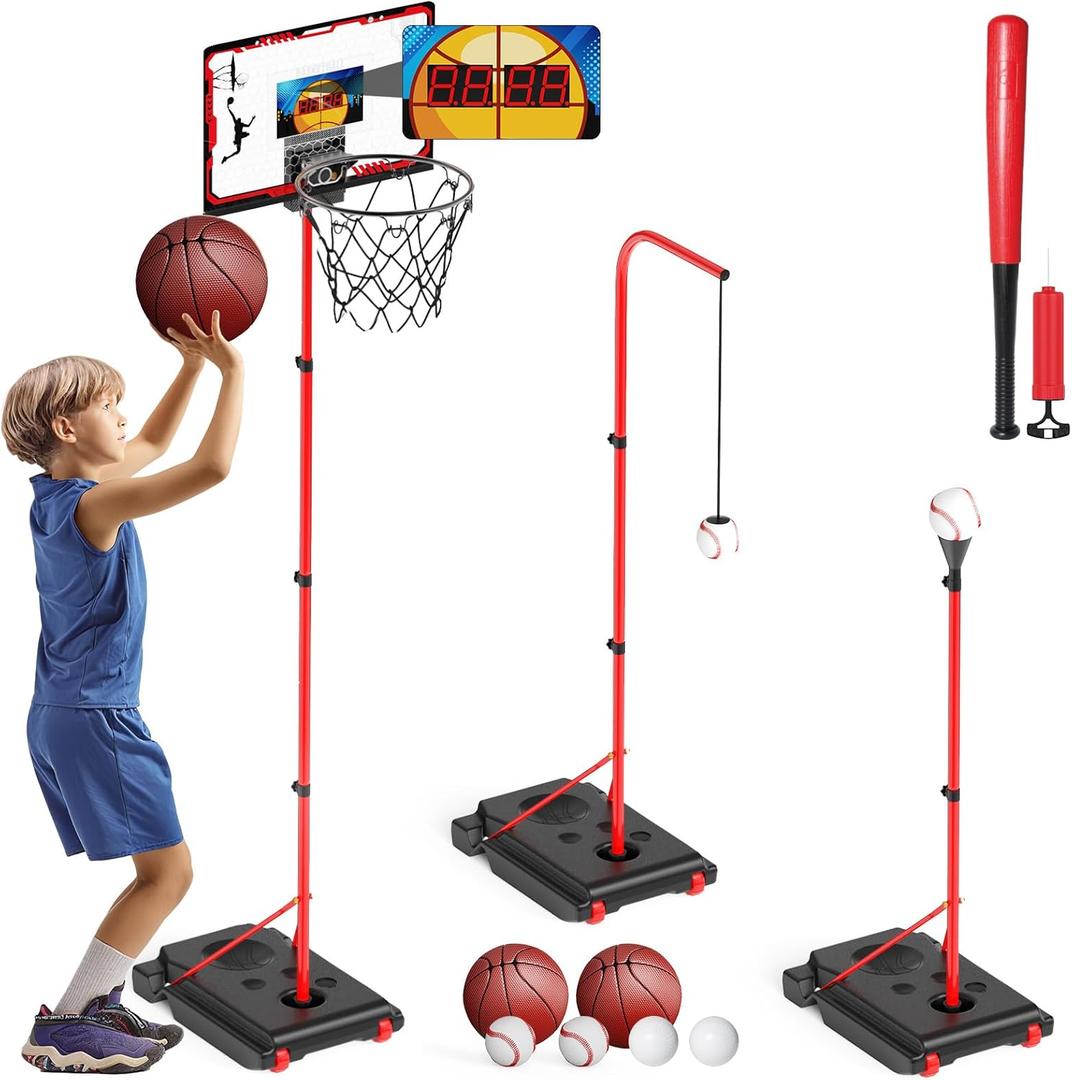 Basketball Hoop for Kids, 4 in 1 Kids Basketball Hoop and T Ball Set with Hanging Baseball Hoop, Toddler Basketball Toys, 2.98-5.8ft Adjustable Basketball Set for Indoor & Outdoor Backyard Sport Game
