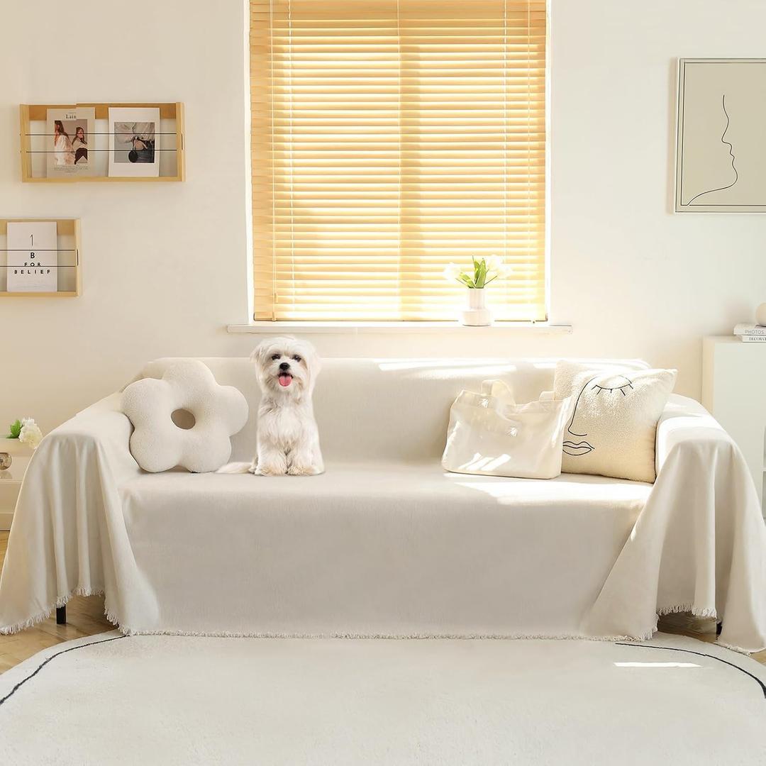 Meetsky Couch Cover for Dogs, Washable Couch Covers for 3 Cushion Couch Sofa, Oversized Couch Protector for Sectional L Shape, Chenille Beige Sofa Slipcover with Tassel, 71"x 150"
