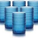 HomeVogue Hobnail Drinking Glasses Set of 6,15 oz Vintage Glassware Set Cocktail Glass Set, Embossed Grey Water Tumbler,for Beer, Whiskey,Juice and Various Mixed Drinks (15OZ Blue): Highball Glasses