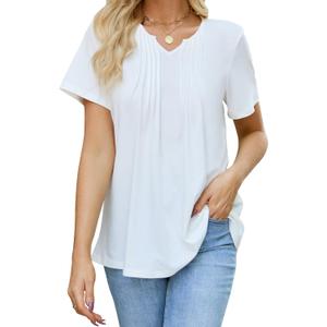 Womens T Shirts Short Sleeve Pleated Dressy Tunic Casual V Neck Summer Tops Blouses Beach Vacation Clothes (XXL)