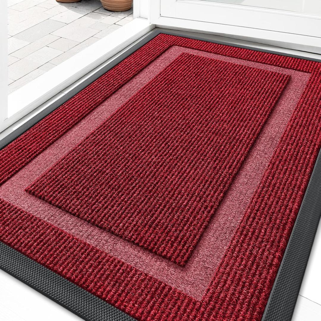 OLANLY Front Door Mat Indoor Outdoor Entrance, Waterproof All-Season, All-Weather Doormat, Sturdy Natural Rubber, Fade Resistant, Low Profile, Easy Clean Patio Porch Entryway Mat, 29.5x17, Wine Red