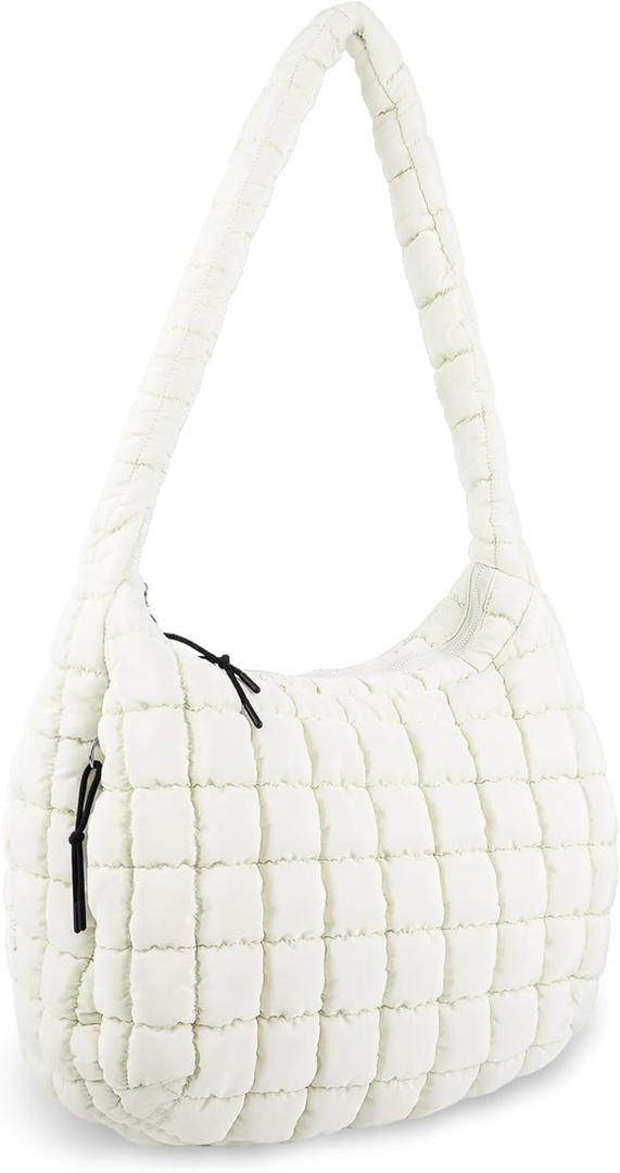 Quilted Puffer Tote Bag Purse Puffy Crossbody Shoulder Bag,Lightweight Nylon Hobo Bag Puffer Carryall Bag for Women Girl (Medium, Beige)