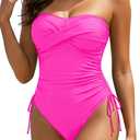 Tummy Control One Piece Swimsuit - Strapless Bandeau Bathing Suits for Women 2025 Cheeky High Cut Swimwear (Large, Hot Pink)