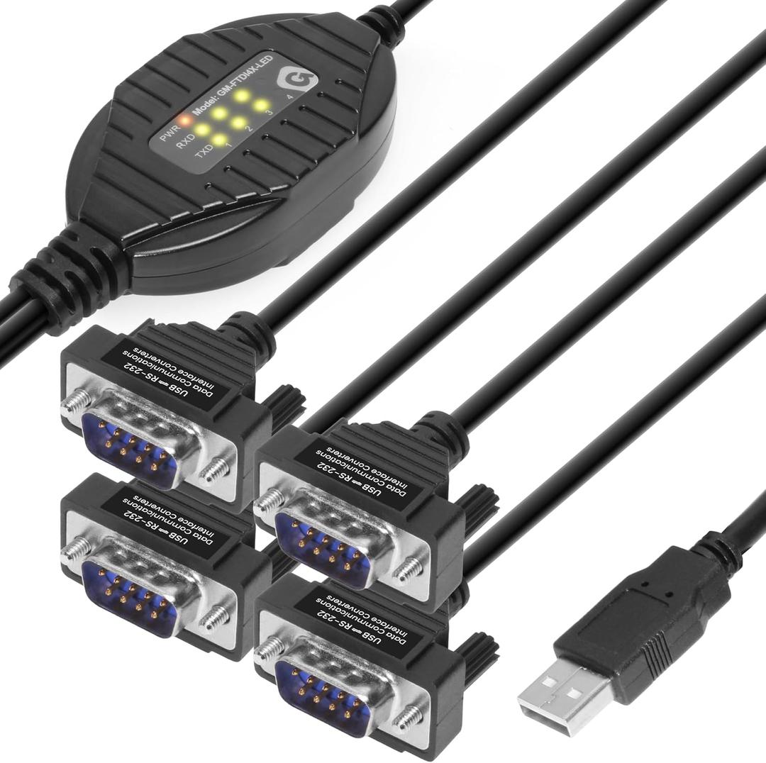 Gearmo 4 Port RS-232 to USB Adapter with LED Indicators, 5ft Length, FTDI Chipset, ESD Protection, Windows/macOS/Linux Compatible
