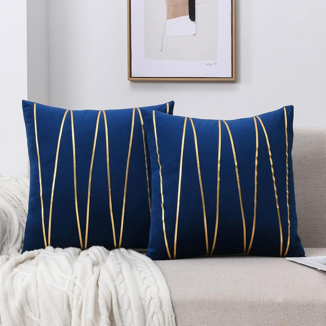 WACOMECO Soft Throw Pillow Covers - Pack of 2 Velvet Decorative Cushion Covers Cases for Sofa Bedroom Livingroom Car, 18" x 18", Navy Blue and Gold