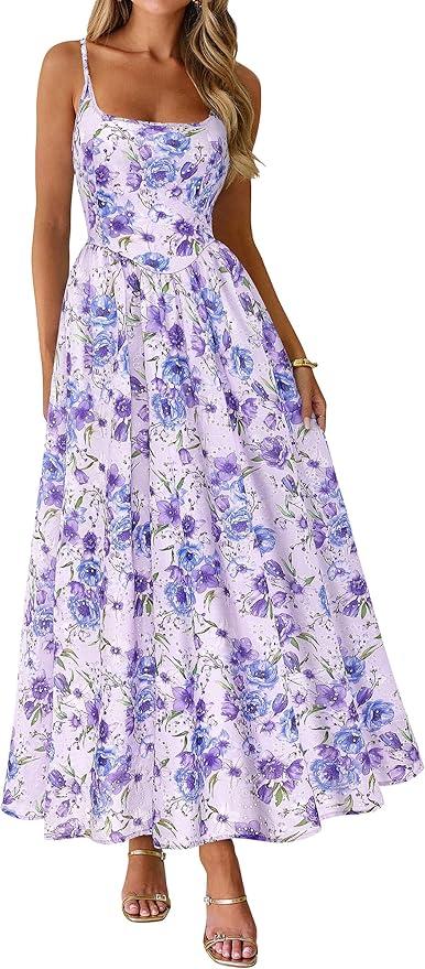 PRETTYGARDEN Womens 2026 Spring Boho Maxi Dress Eyelet Floral Long Flowy Sundresses Summer Beach Vacation Clothes, Small