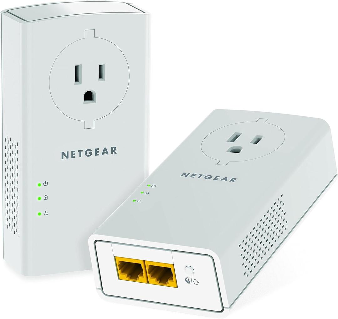 NETGEAR Powerline Adapter Kit, 2000 Mbps Wall-Plug, 2 Gigabit Ethernet Ports with Passthrough + Extra Outlet (PLP2000-100PAS), uses Your existing Internet Service via Household Wiring