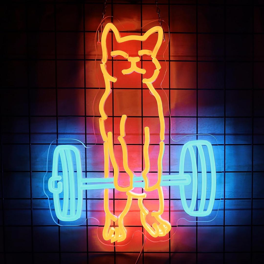 Cat Do Gym Neon Sign for Home Gym Decor Cat Lifting Weight Funny Lighting Sign LED Wall Art for Men Cave Garage Decor 12.6 * 16.1IN (Orange&ICeblue)