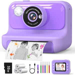 Hangrui Children's Instant Camera, 2.4 Inch Screen with 32G Card & Photo Paper, HD 1080P Video Camera Child, Christmas Birthday Gift for Girls Boys 3-10 Years (Purple)