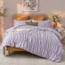 Bedbay Ruched Purple Comforter Set Queen Size,100% Cotton Boho Ruched Bedding Set,Soft Durable Lavender Fluffy Comforter,Shabby Chic 3 Pcs Romantic Ruffle Dreamy Aesthetic Bedding for All Seasons