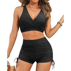 Aqua Eve Bikini with Shorts for Women - Two Piece Swimsuit with Boyshorts 2PC High Waisted Bathing Suits Swimwear M