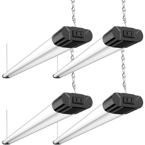 BBOUNDER 4 Pack Linkable LED Utility Shop Light, 4400 LM, Super Bright 6500K Cool Daylight, 4 FT Integrated Fixture for Garage, 40W Equivalent 250W, Surface + Suspension Mount, Black