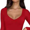 REORIA Women's Basic Sexy V Neck Double Lined Long Sleeve Slimming Going Out Thong Bodysuits Tops (Beige, S)