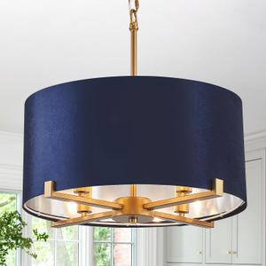 Drum Chandelier,18 Blue and Gold Round Ceiling Pendant Light Fixture Velvet Fabric Shade 4 Lights Modern Semi Flush Mount Hanging Chandelier for Dining Room Foyer Hallway