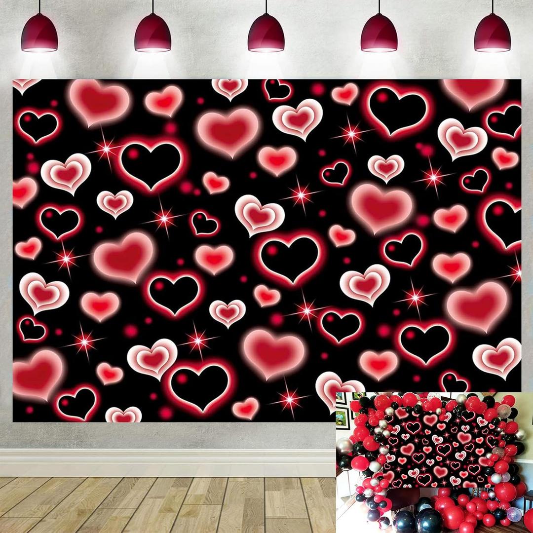 Red Heart 2000s Backdrop Banner Black and RedSweet Y2K Photography Background Early 2000s Party Decorations Photo Banner Props Supplies 7x5FT
