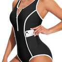 beautyin Women Zipper One Piece Swimsuit Athletic Racerback Bathing Suit with Pockets (Medium, Black)