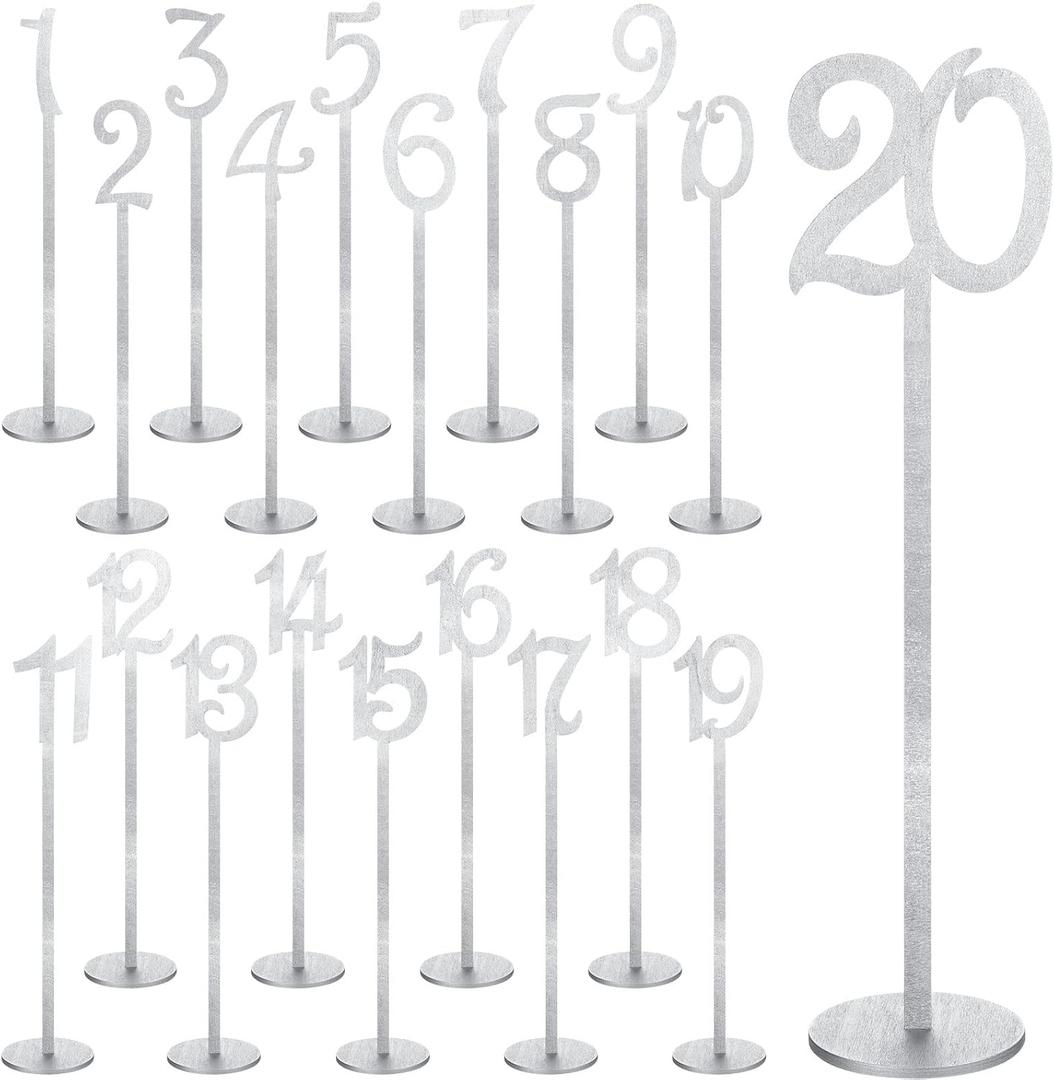 20 Pcs Table Numbers Wedding Table Numbers Wood Table Numbers for Wedding Reception Stands Seat Numbers with Holder Base Table Numbers for Wedding Party Event Catering, 1-20 (Silver)