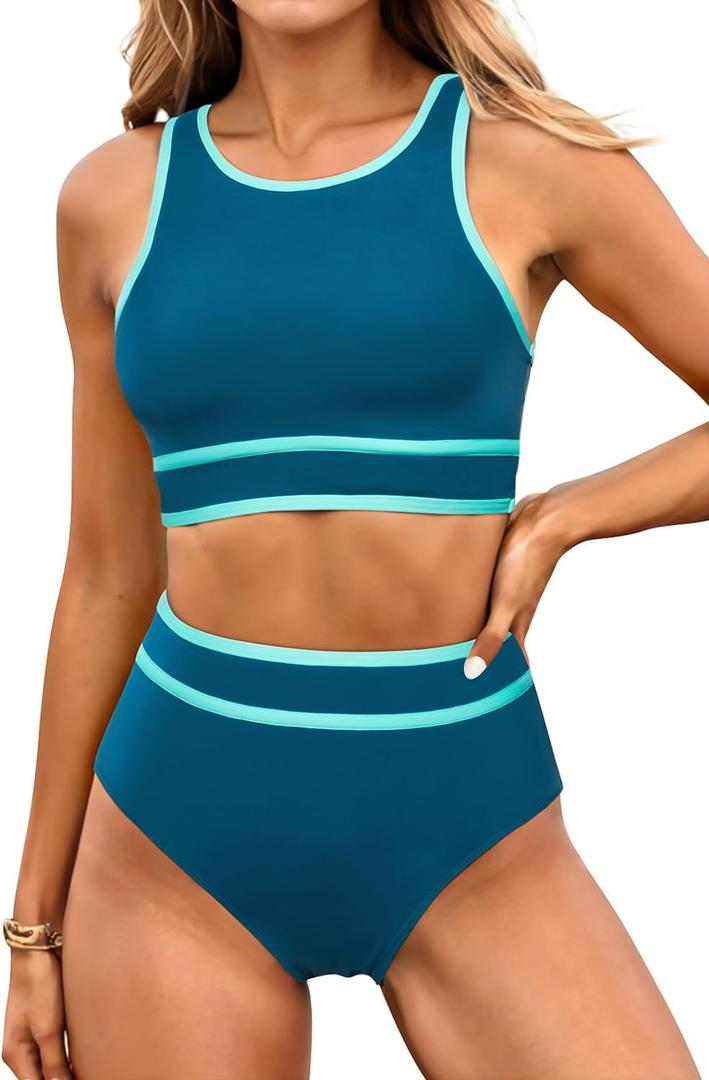 Yonique Women Sport Bikini Set for Teen Juniors Two Piece Swimsuit High Waisted Bathing Suit (Medium, Teal Colorblock)