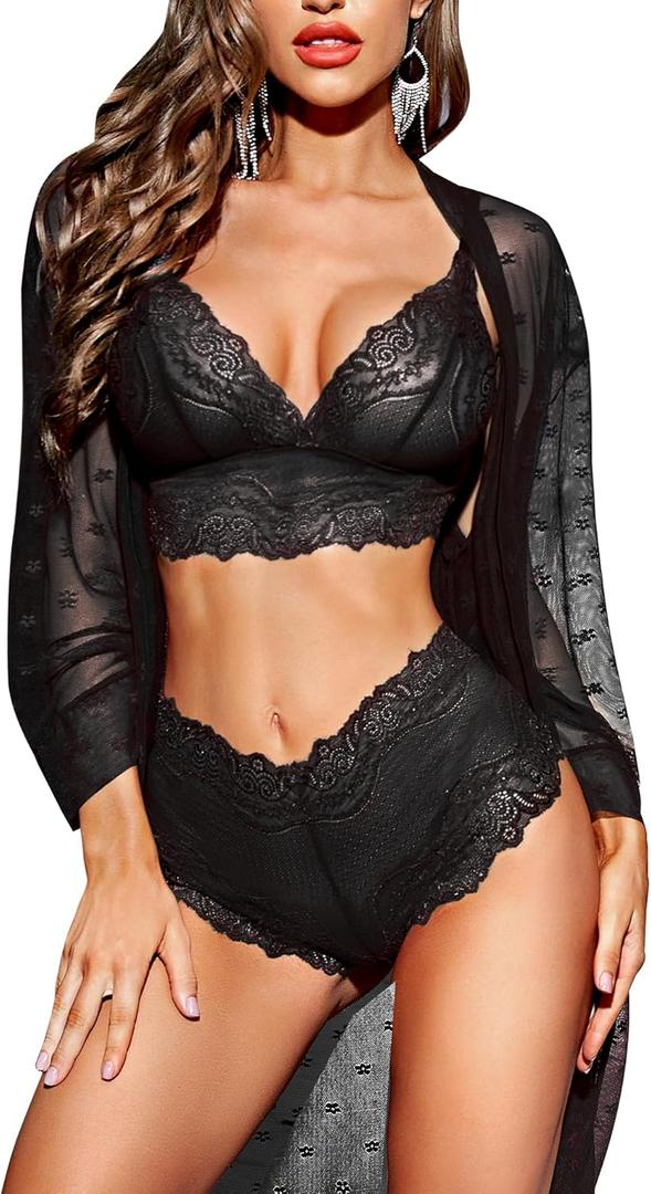 RSLOVE Women Sexy Lingerie Set 3 Piece Lace Kimono Robe with Bra and Panty Sheer Sleepwear (Small, Black)